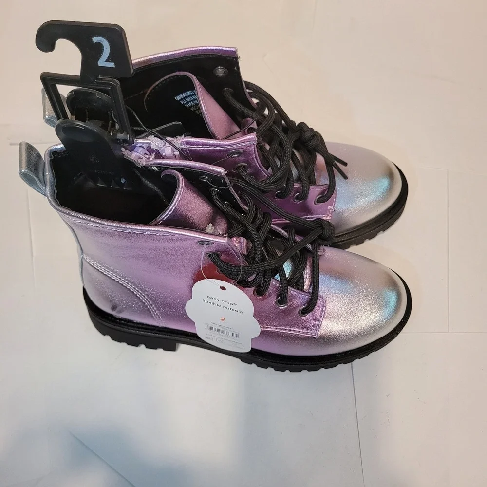 Wonder Nation Kids Unisex Combat Boots Iridescent Purple Silver Size 2 New‎